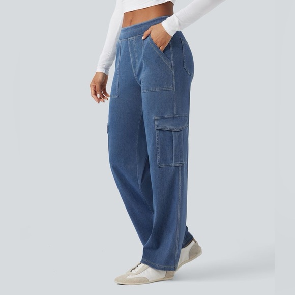 Pants - Wide Leg Cargo Denim Pants - Blue